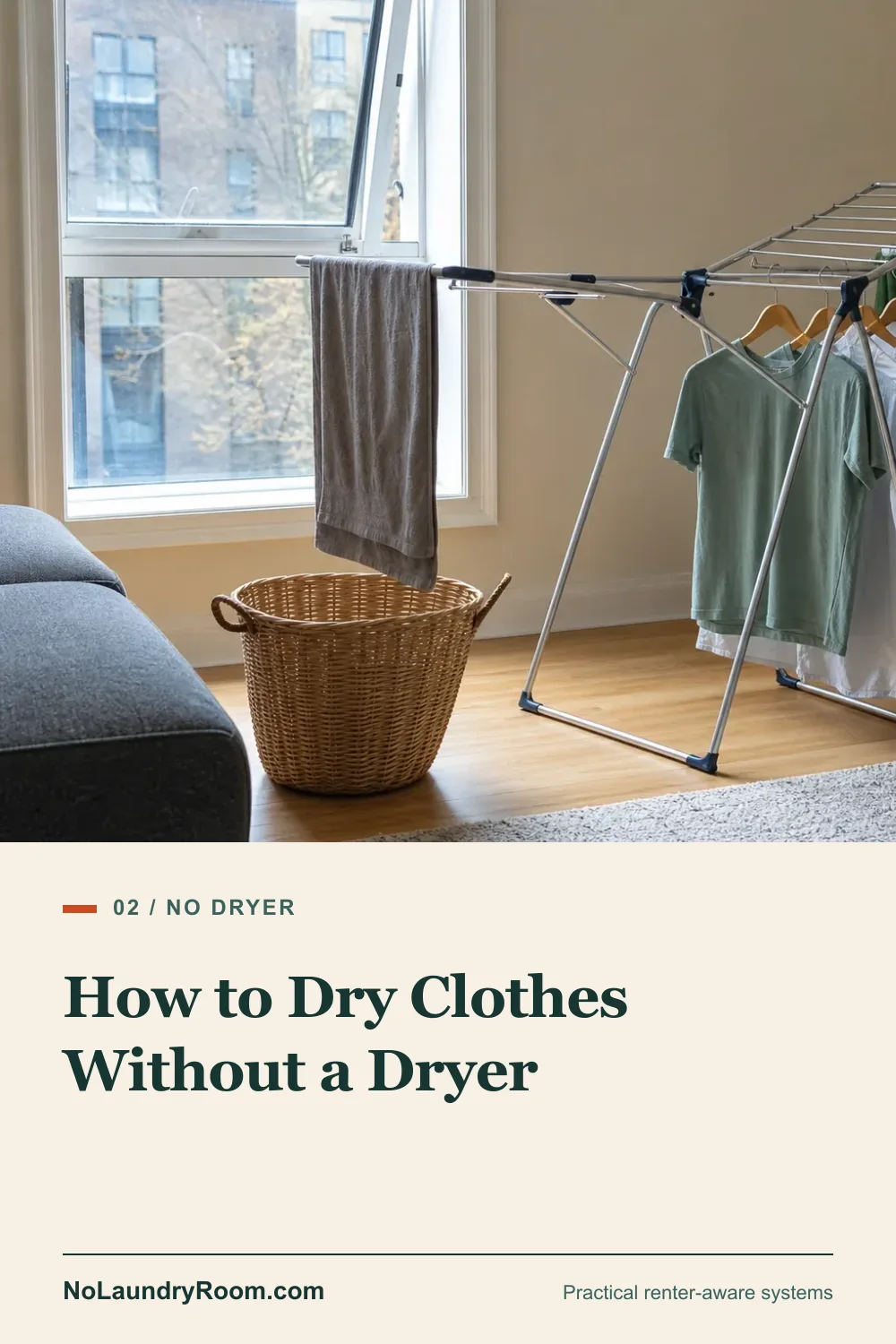 Pinterest guide graphic showing a balanced drying rack with the how to dry clothes without a dryer title