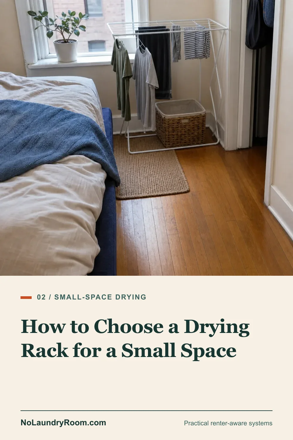 Pinterest guide graphic showing a drying rack beside a clear walkway with the small-space rack guide title