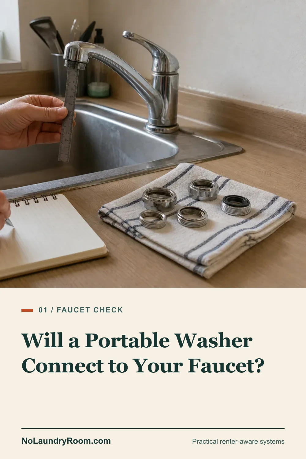 Pinterest guide graphic showing a faucet inspection scene with the portable washer compatibility title below