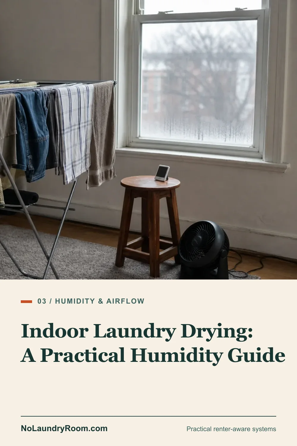 Pinterest guide graphic showing indoor laundry near a condensed window with the practical humidity guide title