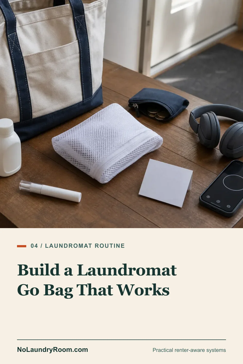 Pinterest guide graphic showing a prepared laundromat tote and supplies with the go-bag title