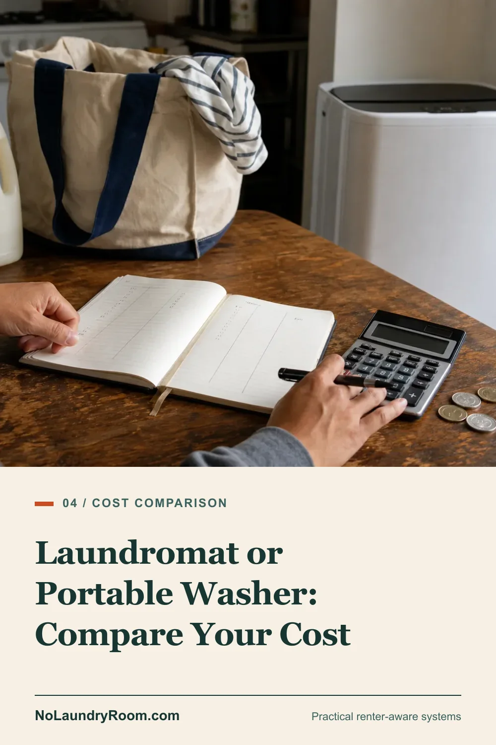 Pinterest guide graphic showing a laundry cost comparison scene with the laundromat or portable washer title