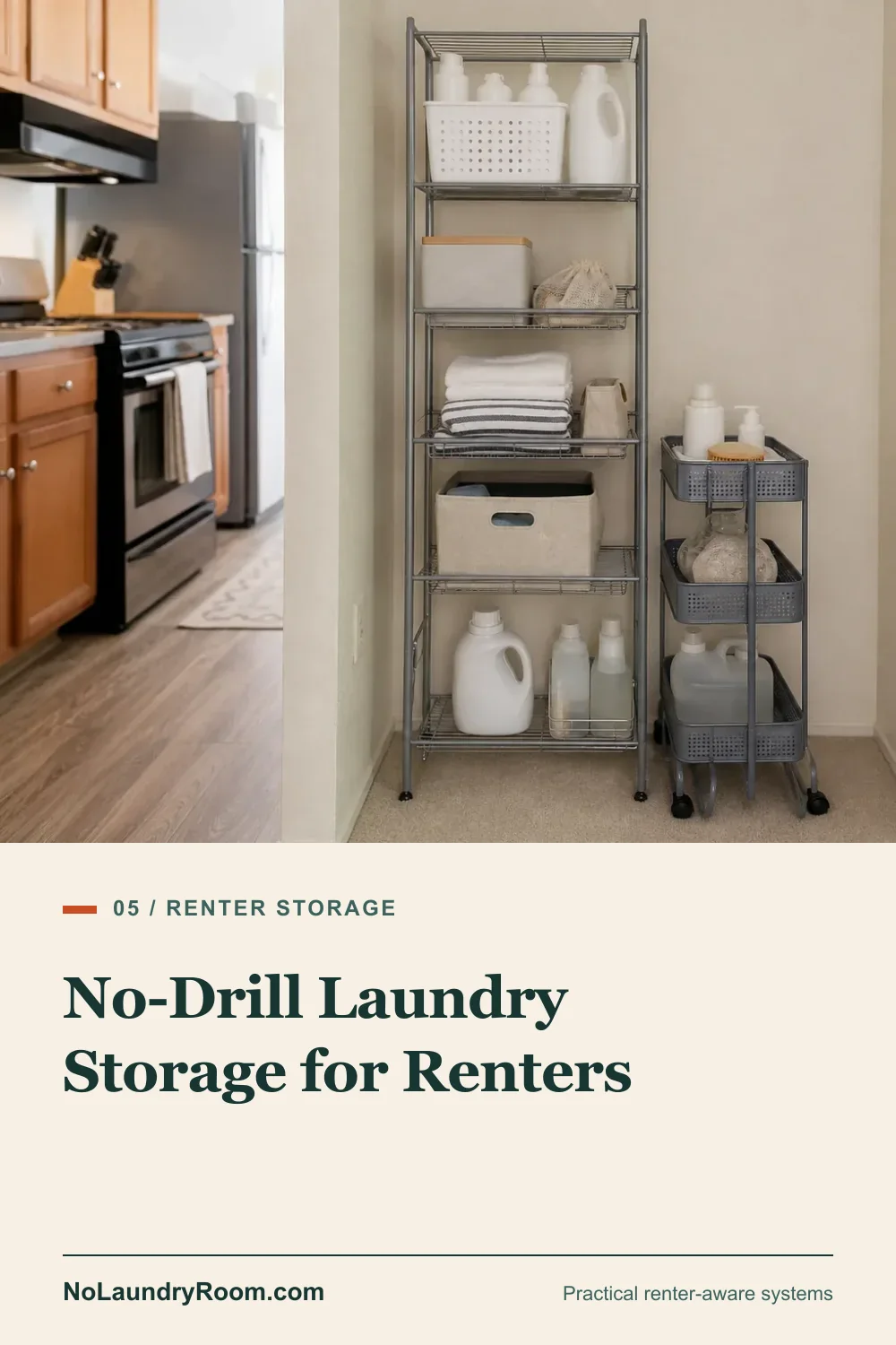 Pinterest guide graphic showing freestanding rental laundry storage with the no-drill storage title