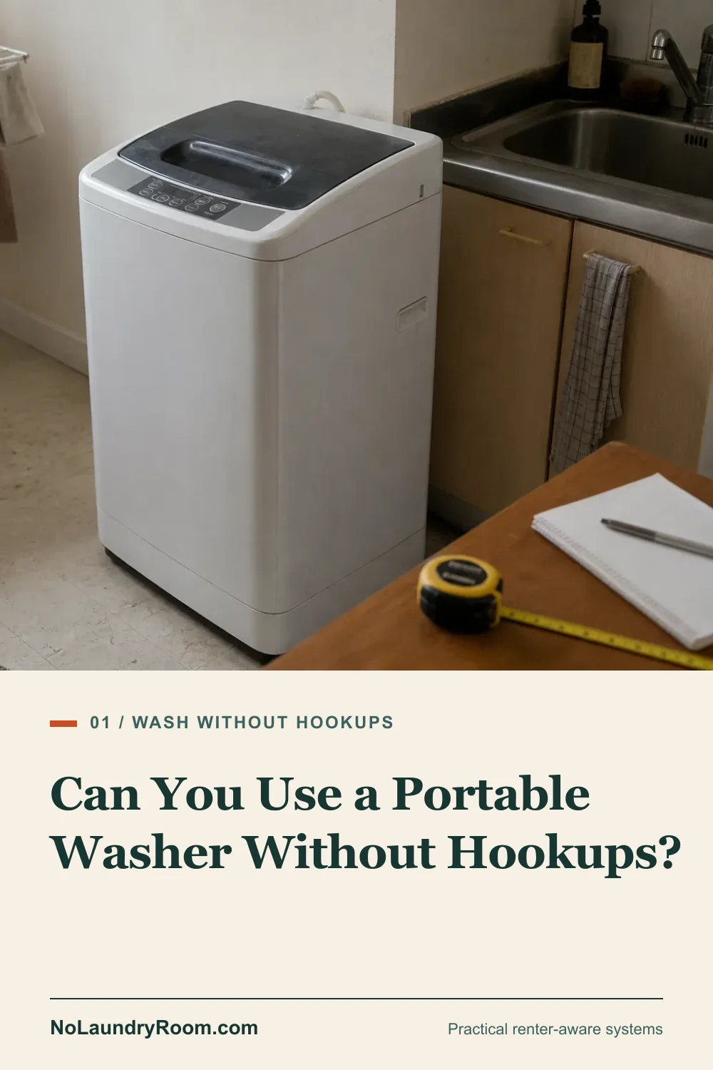 Pinterest guide graphic showing a compact portable washer in a rental kitchen with the guide title below