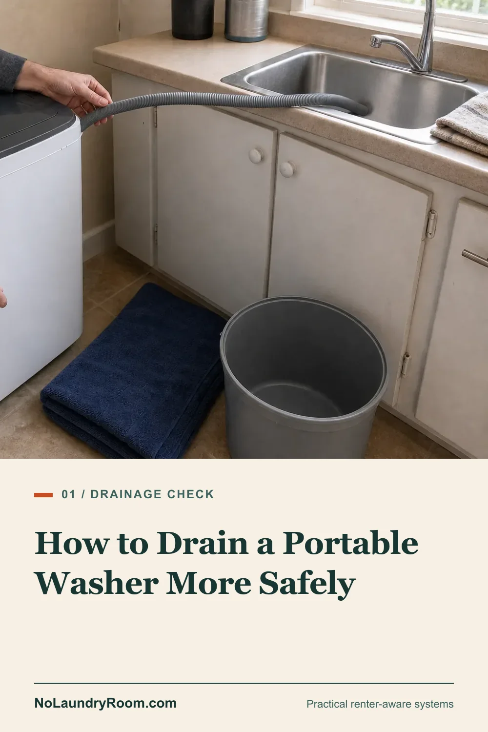 Pinterest guide graphic showing a dry drain-hose rehearsal with the portable washer drainage title