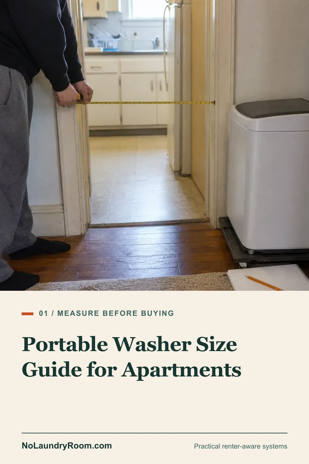 Pinterest guide graphic showing a doorway measurement scene with the portable washer size guide title