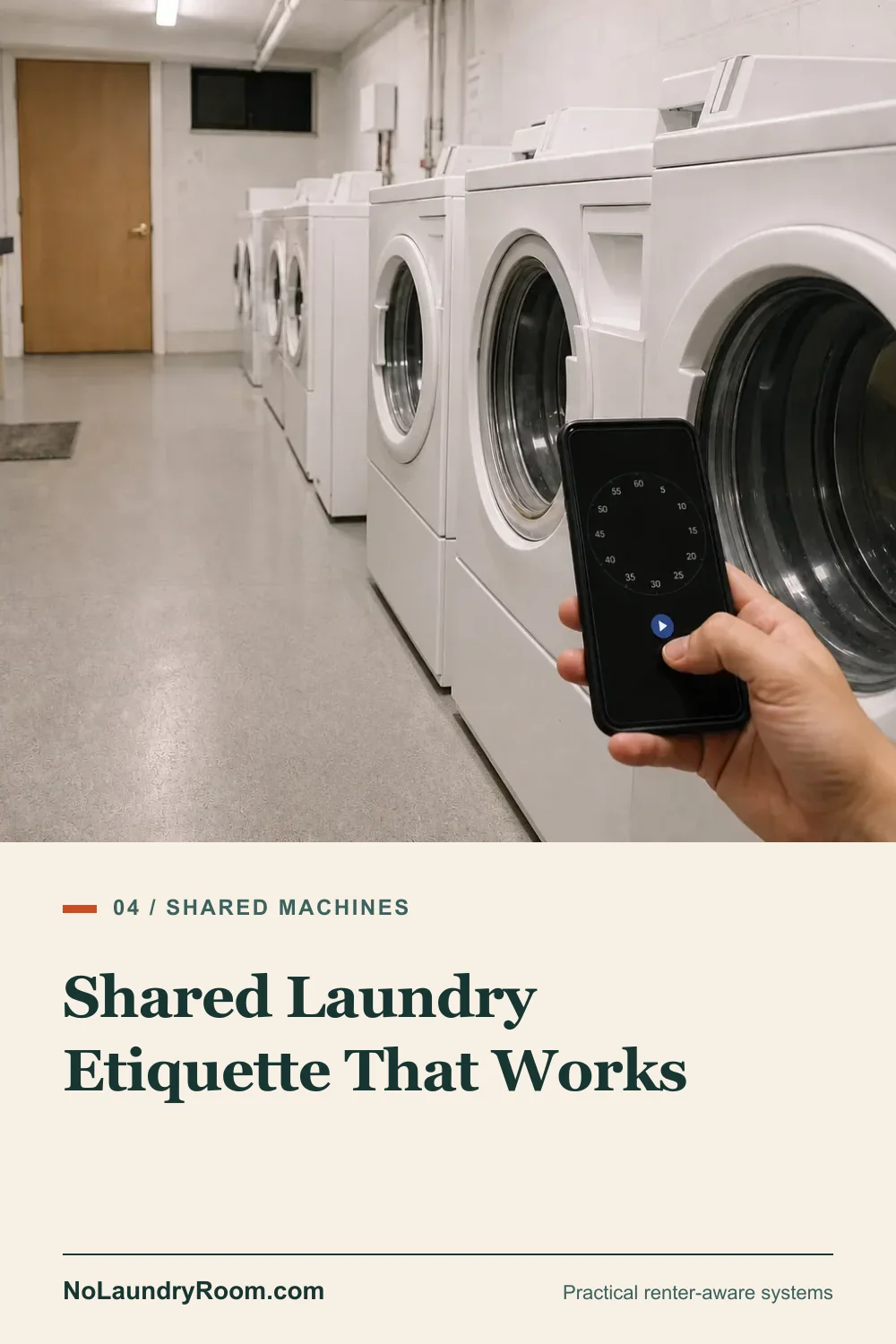 Pinterest guide graphic showing a clear shared laundry room and phone timer with the etiquette title