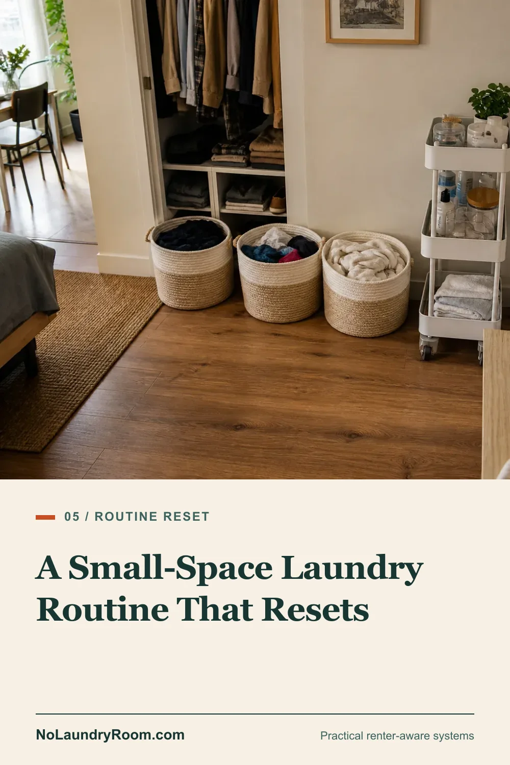 Pinterest guide graphic showing baskets and a compact laundry workflow zone with the routine reset title