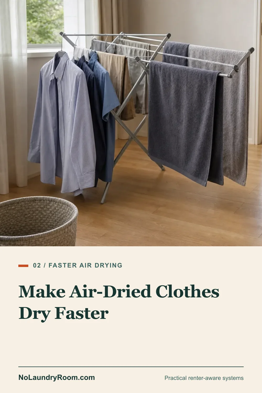 Pinterest guide graphic showing spaced garments and a room fan with the faster air-drying title