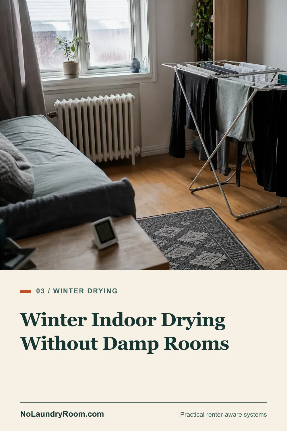 Pinterest guide graphic showing winter indoor drying and moisture control with the damp-room prevention title
